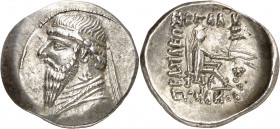 Imperio Parto. Mithradates II (123-88 a.C.). Dracma. (S. 7370 var) (Mitchiner A. & C. W. 517 var). Ex UBS 15/09/1997, nº 209. Ex Áureo 20/01/1998, nº ...
