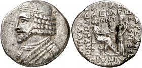 Imperio Parto. (43-44 d.C.). Vardanes I (40-45 d.C.). Tetradracma. (S.GIC 5787). Rayitas en anverso. Ex Áureo 21/01/1997, nº 16. 14,05 g. MBC.