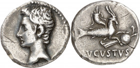 (18-16 a.C.). Octavio Augusto. Denario. (Spink 1592 var) (S. 22) (RIC. 130). Rayitas en anverso. Pequeña grieta. 3,50 g. (MBC).