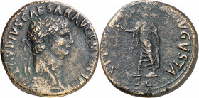(41-42 d.C.). Claudio. Sestercio. (Spink 1853) (Co. 85) (RIC. 99). Acuñación floja en pequeña zona. Ex Áureo 28/10/1993, nº 2035. 21,80 g. MBC-.