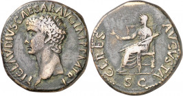 (41-42 d.C.). Claudio. Dupondio. (Spink 1855 var) (Co. 2) (RIC. 94, ver nota). 13,76 g. MBC.
