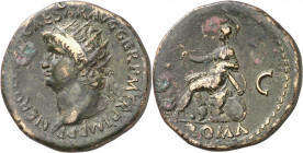 (65 d.C.). Nerón. Dupondio. (Spink 1966 var) (Co. falta) (RIC. 297). 15,24 g. MBC.