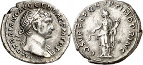 (108 d.C.). Trajano. Denario. (Spink 3122) (S. 85) (RIC. 118 var). Ex ANE 07/05/1991, nº 468. 3,21 g. EBC-.