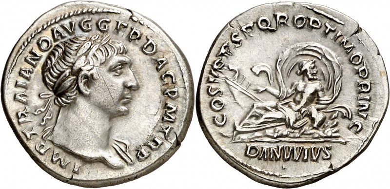 (107 d.C.). Trajano. Denario. (Spink 3138) (S. 136) (RIC. 100). Rayita. 3,55 g. ...