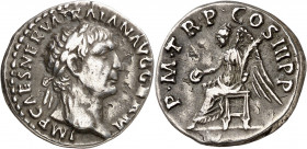 (100 d.C.). Trajano. Denario. (Spink falta) (S. 223) RIC. 41). 3,13 g. MBC.