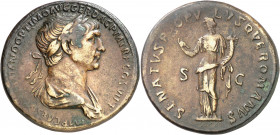(116 d.C.). Trajano. Sestercio. (Spink 3192) (Co. 352) (RIC. 672). Ex ANE 08/03/1989, nº 688. 25,58 g. MBC+.