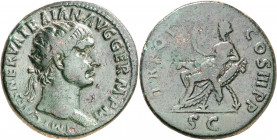 (100 d.C.). Trajano. Dupondio. (Spink 3225 var) (Co. 629) (RIC. 411). Pátina verde. Ex Áureo 04/07/2000, nº 2037. 11,15 g. MBC/MBC-.