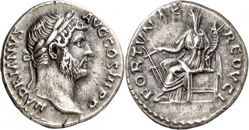(130 d.C.). Adriano. Denario. (Spink falta) (S. 782a) (RIC. 1405). Ex Áureo 20/0...