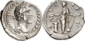 (148-149 d.C.). Antonino pío. Denario. (Spink 4075) (S. 281) (RIC. 181). 3,25 g. MBC.
