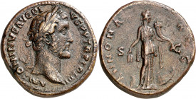 (142 d.C.) Antonino pío. Sestercio. (Spink 4147) (Co. 37) (RIC. 597). 27,99 g. MBC.