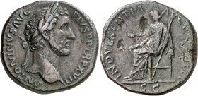 (153-154 d.C.). Antonino pío. Sestercio. (Spink 4183 var) (Co. 454) (RIC. 914). Cavidades en reverso. 26,23 g. MBC+/MBC.
