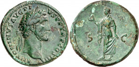 (142 d.C.). Antonino pío. Sestercio. (Spink 4223) (Co. 754) (RIC. 626). Pátina verde saltada en algunas zonas. 23,48 g. (MBC+).
