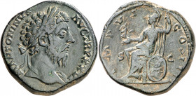 (172 d.C.). Marco Aurelio. Sestercio. (Spink 4976) (Co. 281 var) (RIC. 1033 var). 27,18 g. MBC.