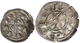 Alfons I (1162-1196). Barcelona. (Cru.V.S. 296 var y 297) (Cru.C.G. 2100c y 2101). Lote de un diner y un òbol. MBC-/MBC+.