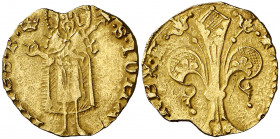Alfons IV (1416-1458). València. Florí. (Cru.V.S. 811.1) (Cru.Comas 89) (Cru.C.G. 2832). Marca: corona. Defecto de cospel. Rara. 3,40 g. (MBC+).