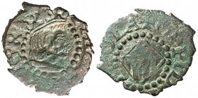 s/d. Felipe III. Banyoles. 1 diner. (AC. 6) (Cru.C.G. 3661 var). Contramarca: cabeza de fraile en anverso, realizada en 1605. Rara. 0,73 g. MBC.