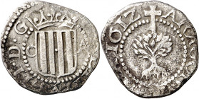 1612. Felipe III. Zaragoza. 1/2 real. (AC. 443) (Cru.C.G. 4406). Cospel irregular. Escasa. 1,63 g. MBC-.