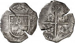 1599. Felipe III. Sevilla. (B). 8 reales. (AC. 953). Tipo "OMNIVM". Muy rara con los cuatro dígitos de la fecha visible. 26,91 g. MBC-.