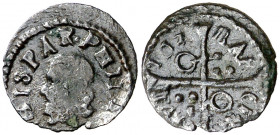 16Z (sic). Felipe IV. Barcelona. 1 diner. (AC. 7). La leyenda con HISPA corresponde a Felipe IV. Cospel algo faltado. Rara. 0,44 g. (MBC-).