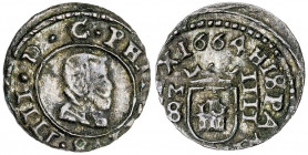 1664. Felipe IV. M (Madrid). S. 4 maravedís. (AC. 241). 0,82 g. MBC-/MBC.