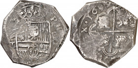 1659. Felipe IV. Segovia. M. 8 reales. (AC. 1580). Único año de este ensayador. Ex Áureo 19/09/1994, nº 930. Muy rara. 27,04 g. MBC.
