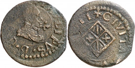 1611. Guerra dels Segadors. Vic. 1 diner. (AC. 247) (Cru.C.G. 4677a). Busto de Felipe III con flor de lis delante. Acuñada en 1641. Algo descentrada. ...