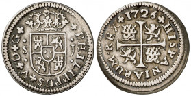 1726. Felipe V. Sevilla. J. 1/2 real. (AC. 335). Ex Áureo & Calicó 22/09/2008, nº 759. 1,29 g. MBC.