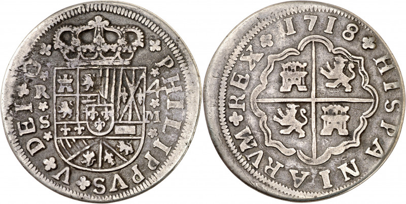 1718. Felipe V. Sevilla. M. 4 reales. (AC. 1221.2). Armas de Borgoña y de Austri...