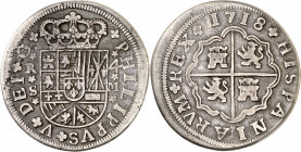 1718. Felipe V. Sevilla. M. 4 reales. (AC. 1221.2). Armas de Borgoña y de Austria intercambiadas. Hojita. Escasa. 10,27 g. MBC.