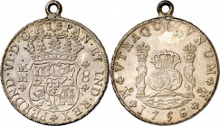 1756. Fernando VI. México. MM. 8 reales. (AC. 491). Columnario. Con anilla soldada. 27,22 g. (MBC+/MBC).