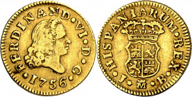 1756. Fernando VI. Madrid. JB. 1/2 escudo. (AC. 559). Tercer busto. Golpecito en anverso. 1,74 g. MBC-/MBC.
