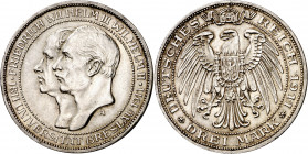 Alemania. Prusia. 1911. Guillermo II. A (Berlín). 3 marcos. (Kr. 531). Universidad de Breslau. Escasa. AG. 16,64 g. EBC.
