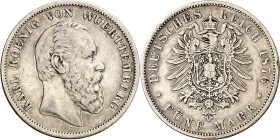 Alemania. Württemberg. 1876. Carlos I. F (Freudenstadt). 5 marcos. (Kr. 623). AG. 27,35 g. MBC.