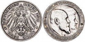 Alemania. Württemberg. 1911. Guillermo II. F (Freudenstadt). 3 marcos. (Kr. 636). Bodas de Plata. Rayitas. AG. 16,57 g. MBC.