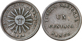 Argentina. 1854. Birmingham. Banco Tesoro Nacional. 1 centavo. (Kr. 23). Escasa. CU. 4,95 g. MBC.