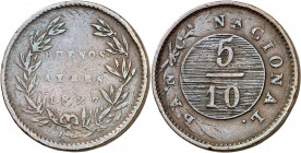 Argentina. 1827. Buenos Aires. 5/10 de real. (Kr. 3). Acuñada sobre otra moneda. CU. 6,32 g. MBC.