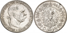 Austria. 1907. Francisco José I. 5 coronas. (Kr. 2807). Rayitas. AG. 23,84 g. MBC/MBC+.