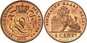 Bélgica. 1894. Leopoldo II. 1 céntimo. (Kr. 34.1). Bella. Brillo original. CU. 1,99 g. S/C.