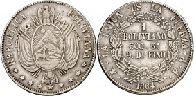 Bolivia. 1864. Potosí. FP. 1 boliviano. (Kr. 152.1). Golpecito. Escasa. AG. 24,91 g. MBC.