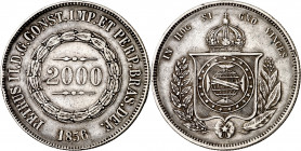 Brasil. 1856. Pedro II. 2000 reis. (Kr. 466). Golpecitos. AG. 25,35 g. MBC+.