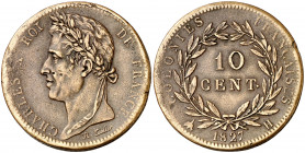 Colonias francesas. 1827. Carlos X. H (La Rochelle). 10 céntimos. (Kr. 11.2). Leves golpecitos. Buen ejemplar. Escasa así. CU. 20,43 g. MBC+.