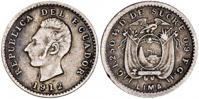 Ecuador. 1912. 1/2 décimo. (Kr. 55.1). AG. 1,19 g. MBC.