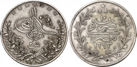 Egipto. Año 10 (1886). Abdul Hamid II. W. 20 qirsh. (Kr. 296). Escasa. AG. 27,99 g. MBC.