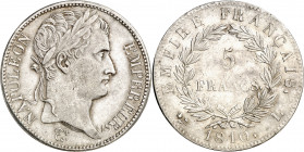 Francia. 1810. Napoléon. L (Bayona). 5 francos. (Kr. 694.9). Leves rayitas. Parte de brillo original. Rara así. AG. 24,85 g. EBC+.