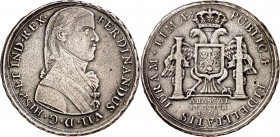 1808. Fernando VII. Lima. Proclamación. Módulo 8 reales. (Ha. 28 var) (V. 219) (Medina 313 var) (Ruiz Trapero 339 var) (V.Q. 13287 var). Fundida. Rest...