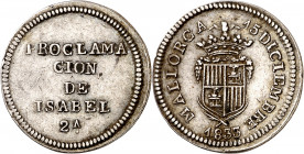 1833. Isabel II. Mallorca. (Ha. 28) (V. 755) (V.Q. 13378). Leves marquitas. Escasa. Plata. 3,27 g. Ø22 mm. MBC+.