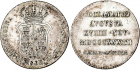 1833. Isabel II. Zaragoza. Proclamación. (Ha. 36) (V. 763) (V.Q. 13386). Rayitas. Plata. 5,99 g. Ø25 mm. MBC+/MBC.