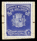Bélgida (Valencia). Impuesto Municipal. 10 céntimos. (KG. falta) (T. 265). Cartón con viñeta pegada. Escaso. MBC+.
