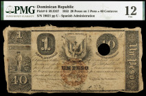 República Dominicana. 1848. 1 peso dominicano = 40 centavos fuertes. (Pick 6). Con sobrecarga al dorso: "En virtud del decreto del Congreso Nacional d...