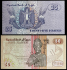 Egipto. 1981 y 1987. Banco Central. 25 y 50 piastras. (Pick 55 y 57a). 2 billetes. S/C.